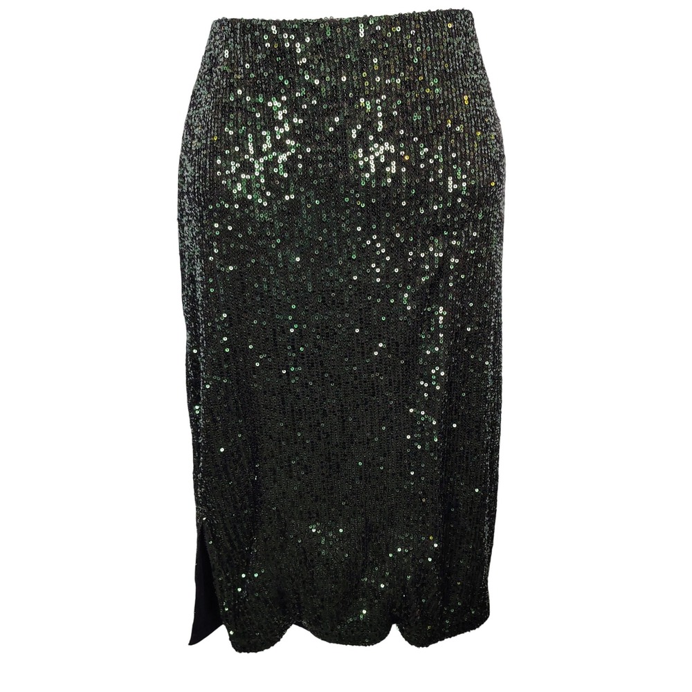 Cato Womens Large Green Sequin Midi Pencil Skirt Side Slit High Waist Stretch